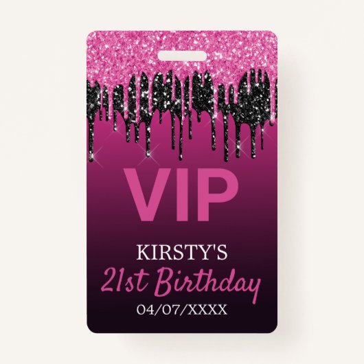 Filmroze zwarte druppelaar Glitter Birthday Party Badge (Voorkant)