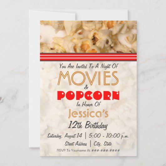 Films & Popcorn Birthday Party Invitation Kaart (Voorkant)