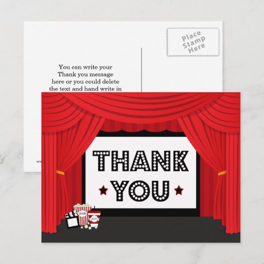 Filmscherm en gordijn verjaardagsfeestje bedankt briefkaart (Voorkant / Achterkant)
