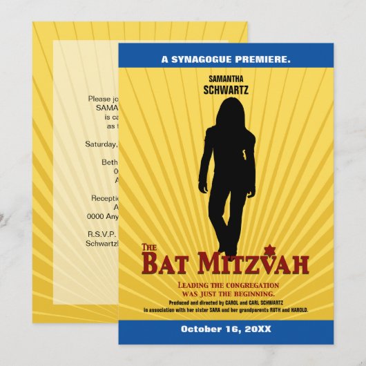 FilmStar Bat Mitzvah Uitnodiging Geel Blauw (Voorkant / Achterkant)