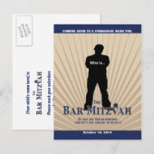 Filmster Bar Mitswa Save the Date Tan Navy Blue Aankondigingskaart (Voorkant / Achterkant)