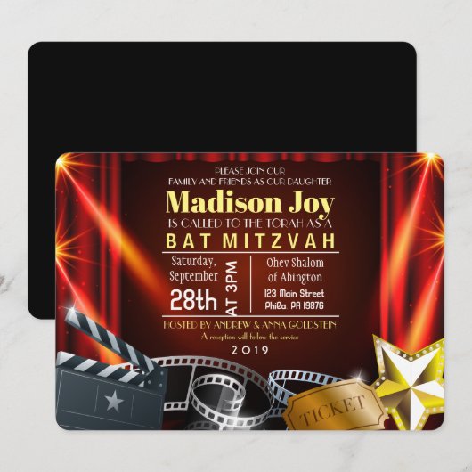 FILMSTER HOLLYWOOD Bat Mitswa Uitnodiging (Voorkant / Achterkant)