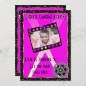 Filmster roze glitter uitnodigen kaart (Voorkant / Achterkant)