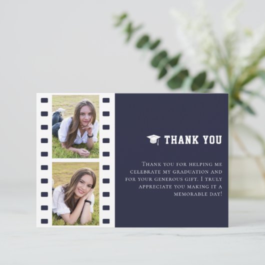 Filmstrip Fotocollage Afstuderen Blauw Dank u Bedankkaart (Staand voorkant)