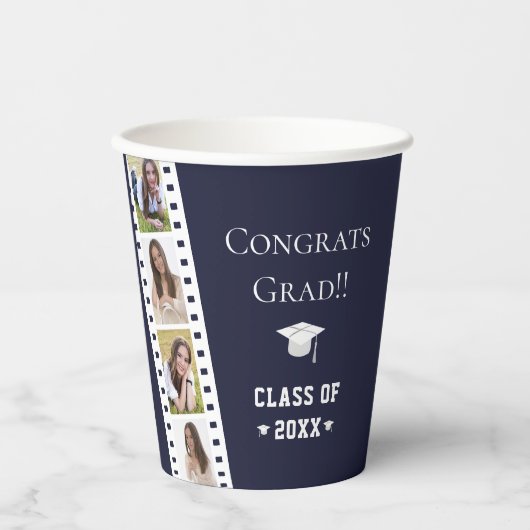 Filmstrip Vier foto collage Afstuderen | Blauw Papieren Bekers (Voorkant)