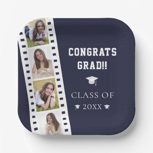 Filmstrip Vier foto collage Afstuderen | Blauw Papieren Bordje (Voorkant)
