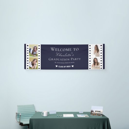 Filmstrip Vier foto collage Afstuderen | Blauw Spandoek (Beurs)