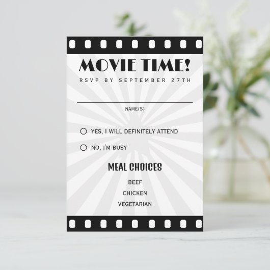 Filmstrip zwart-wit bruiloft RSVP kaartje (Staand voorkant)