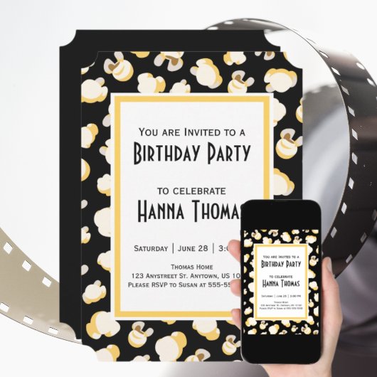 Filmtheater Popcorn Theme Birthday Uitnodiging