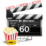 Filmthema 60e verjaardag staand fotobeeldje<br><div class="desc">60th Movie Birthday party t-shirts,  feestelijke gunsten,  kaarten,  knoppen voor je Filmfeest. cadeaus en decoraties van 60 jaar oud met filmklapbord,  popcorn,  lichten,  camera,  actie,  60, 60 jaar oud voor mensen die 60 jaar oud worden.</div>