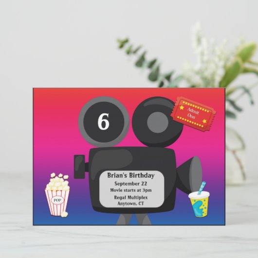 Filmthema aanpasbaar verjaardagsfeest kaart (Staand voorkant)