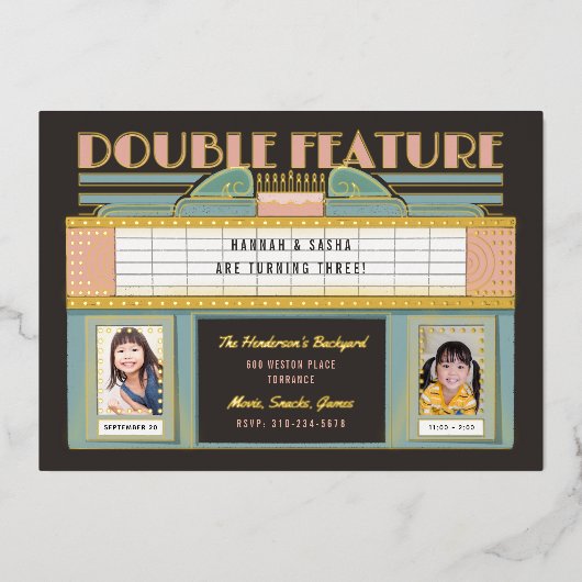 Filmtweeling tweetallen verjaardag folie uitnodiging (Voorkant)