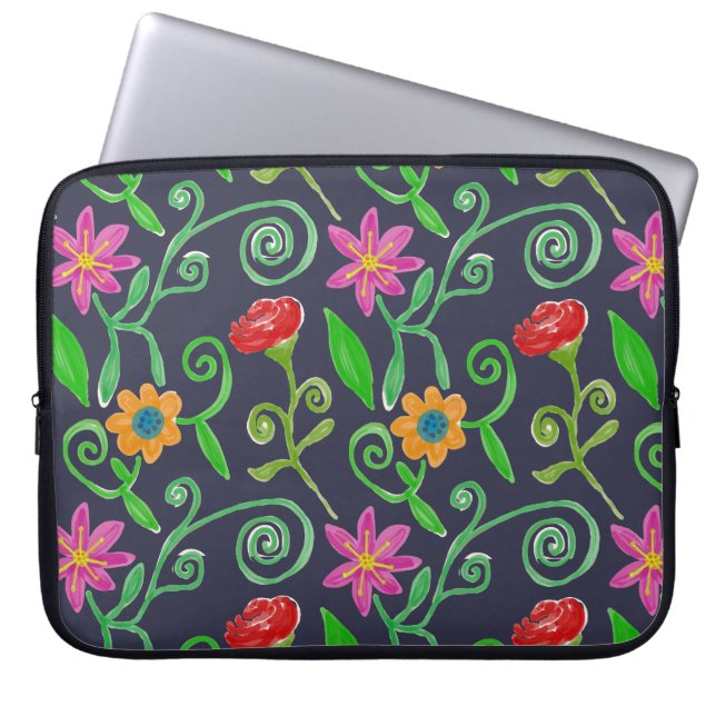 FilmWaterverf Floral Navy Blue Laptop Sleeve (Voorkant)