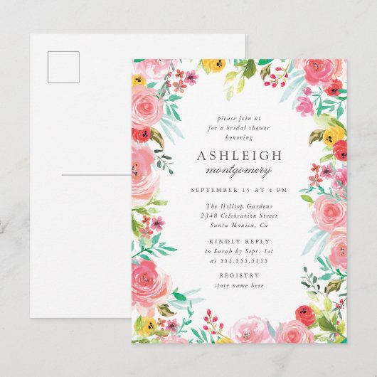 FilmWaterverf Floral Wreate Vrijgezellenfeest Uitnodiging Briefkaart (Voorkant / Achterkant)