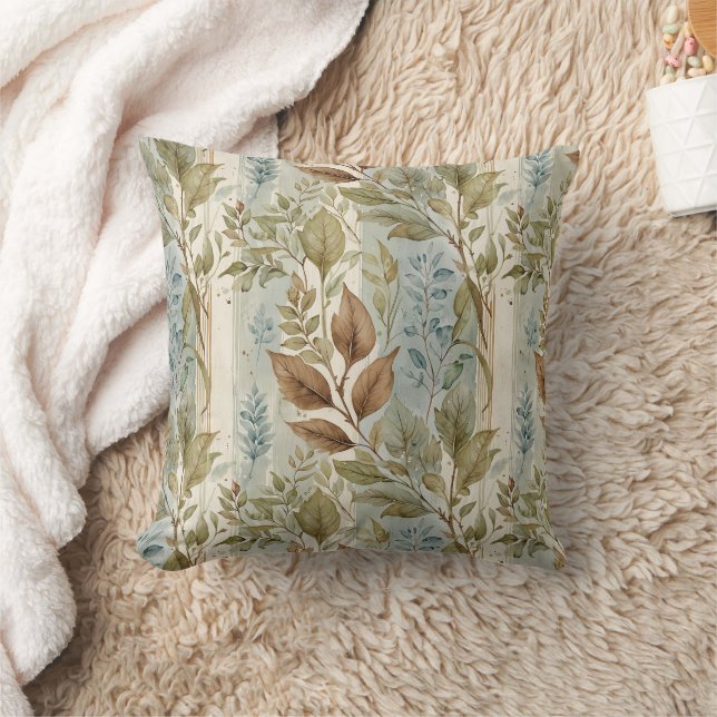 Filmy Sage & Brown Leaves Over Stripe Kussen (Deken)