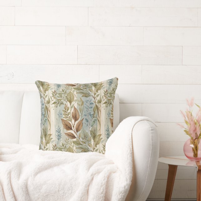 Filmy Sage & Brown Leaves Over Stripe Kussen (Bank)