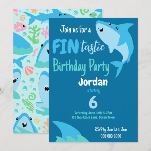 Fin-tastic haai verjaardagsfeestje Kinder onder he Kaart (Voorkant / Achterkant)
