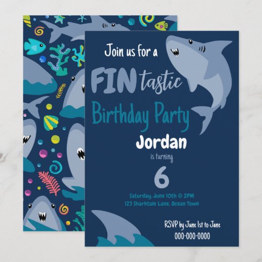 Fin-tastic haai verjaardagsfeestje Kinder onder he Kaart (Voorkant / Achterkant)