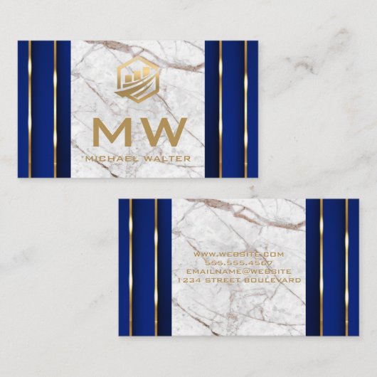 Fin Tech-pictogram | Witte marmer | Goud Blauwe De Visitekaartje (Voorkant / Achterkant)