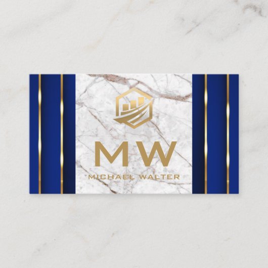 Fin Tech-pictogram | Witte marmer | Goud Blauwe De Visitekaartje (Voorkant)