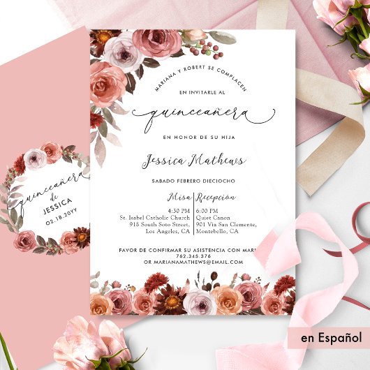 Fina Invitación Con Flores En Rosa De Quinceañera Kaart