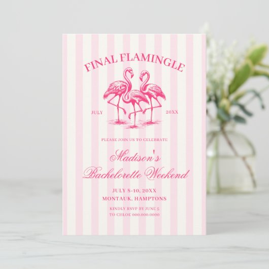 Final Flamingle Roze Gestreepte Bachelorette Kaart (Staand voorkant)