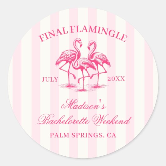 Final Flamingle Roze Gestreepte Bachelorette Ronde Sticker (Voorkant)