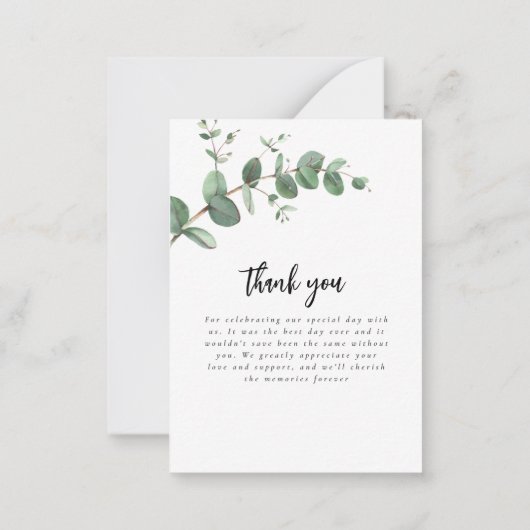 finale bruiloft eucalyptus groene details bedankt notitiekaartje (Achterkant)