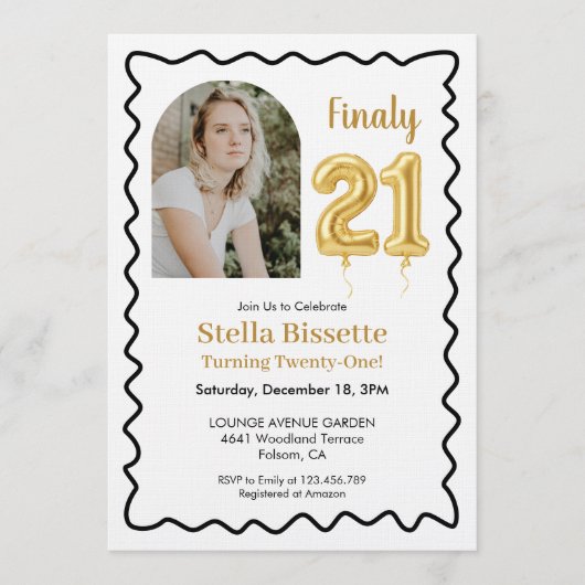 Finally 21 | Modern Gold Balloon Photo Birthday Kaart (Voorkant)