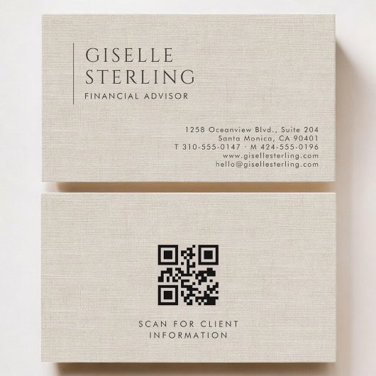 Financial Advisor Luxury Neutral Linen QR Code Visitekaartje