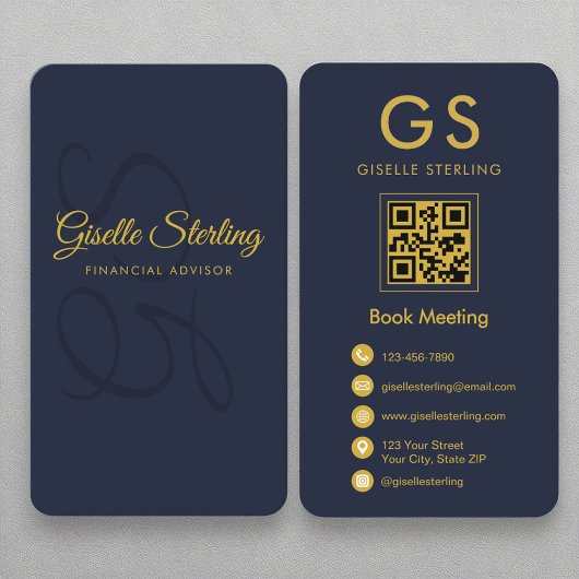 Financieel Adviseur Navy Blue Gold QR Code Monogra Visitekaartje