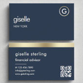 Financieel Adviseur Navy Blue QR Code Gold Monogra Visitekaartje