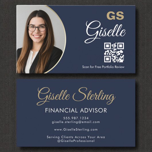 Financieel Agent Navy Blue Gold Foto QR-code Visitekaartje