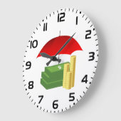 Financiële beveiliging met rode paraplu grote klok (Hoek)