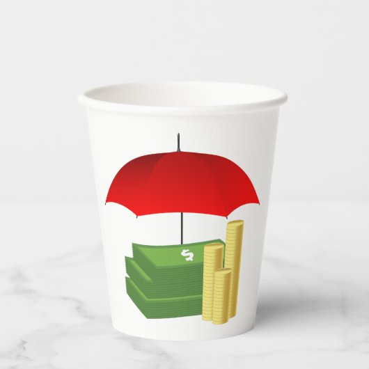 Financiële beveiliging met rode paraplu papieren bekers (Voorkant)