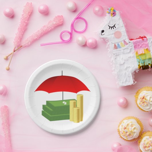 Financiële beveiliging met rode paraplu papieren bordje (Feest)