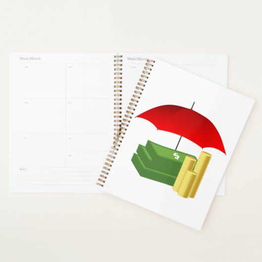 Financiële beveiliging met rode paraplu planner (Display)