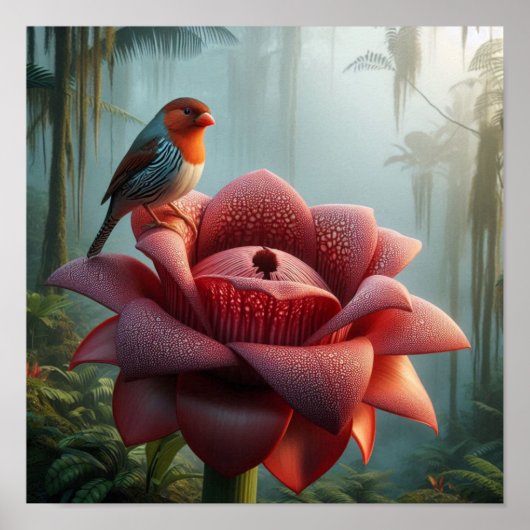 Finch on Giant Jungle Flower in Moody Tropical Poster (Voorkant)