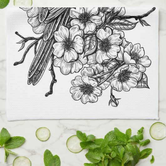 Finch op kersenbranche theedoek (Gevouwen)