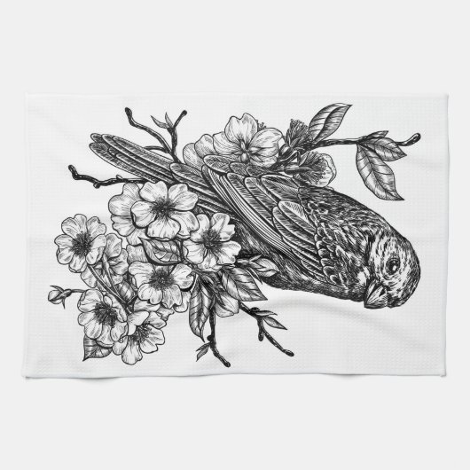 Finch op kersenbranche theedoek (Horizontaal)