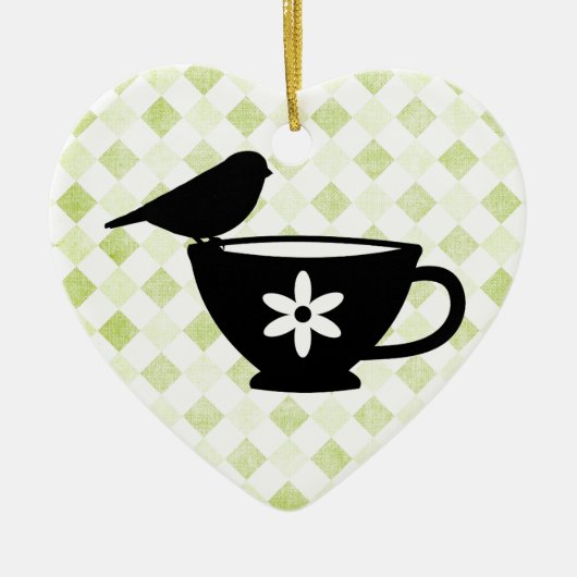Finch op Teacup Silhouette Keramisch Ornament (Voorkant)