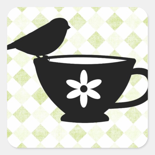 Finch op Teacup Silhouette Vierkante Sticker (Voorkant)