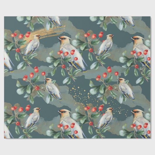 Finch vogel, kerstgroen, rode bessen cadeaupapier (Vlak)