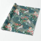 Finch vogel, kerstgroen, rode bessen cadeaupapier (Uitgerold)