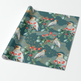 Finch vogel, kerstgroen, rode bessen cadeaupapier