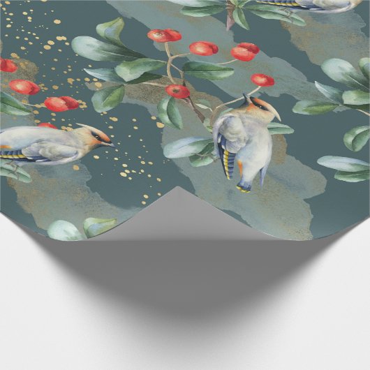 Finch vogel, kerstgroen, rode bessen cadeaupapier (Hoek)