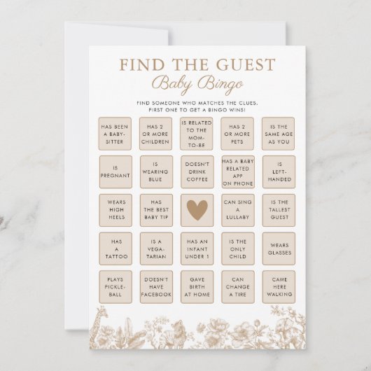 Find The Guest Baby Shower Safari Bingo Game Card Kaart (Voorkant)