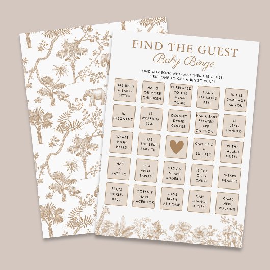 Find The Guest Baby Shower Safari Bingo Game Card Kaart