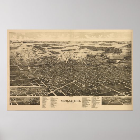 Findlay Ohio 1889 Antiek Panoramische Kaart Poster (Voorkant)