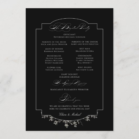 Fine Art Black Floral Kalligrafie Programma Programmakaart (Achterkant)